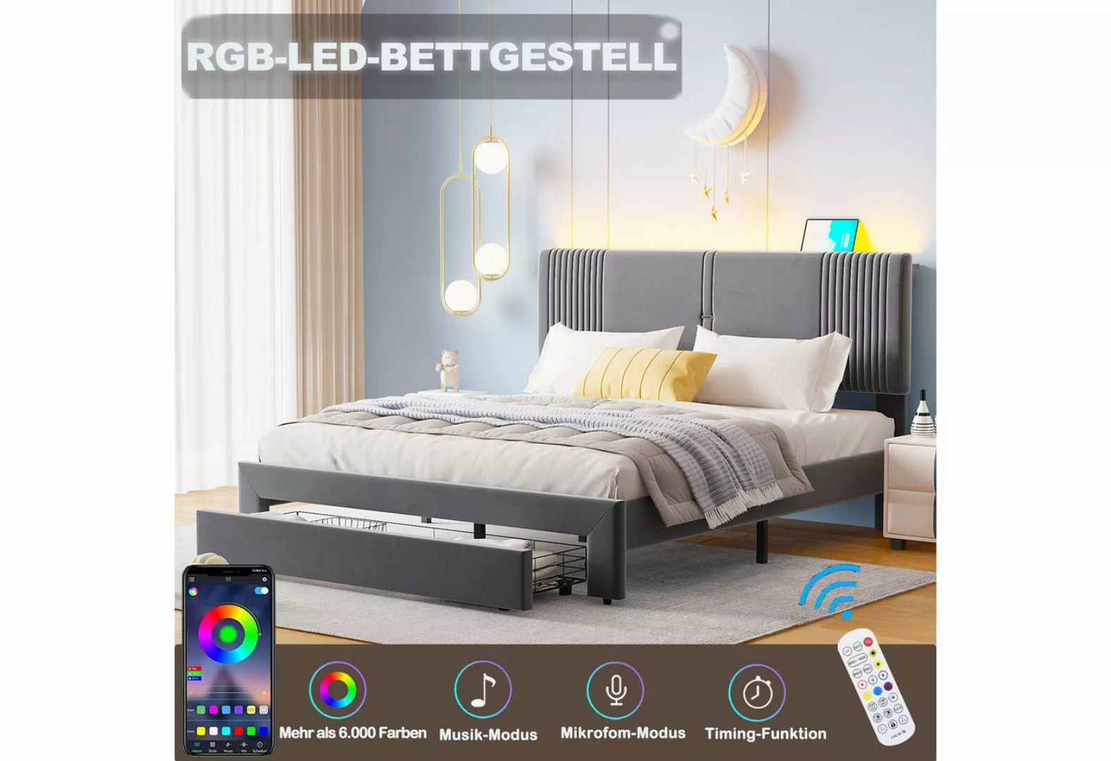 Ulife Polsterbett Doppelbett Jugendbett mit Lichtleiste und USB-Buchse, Rüc günstig online kaufen