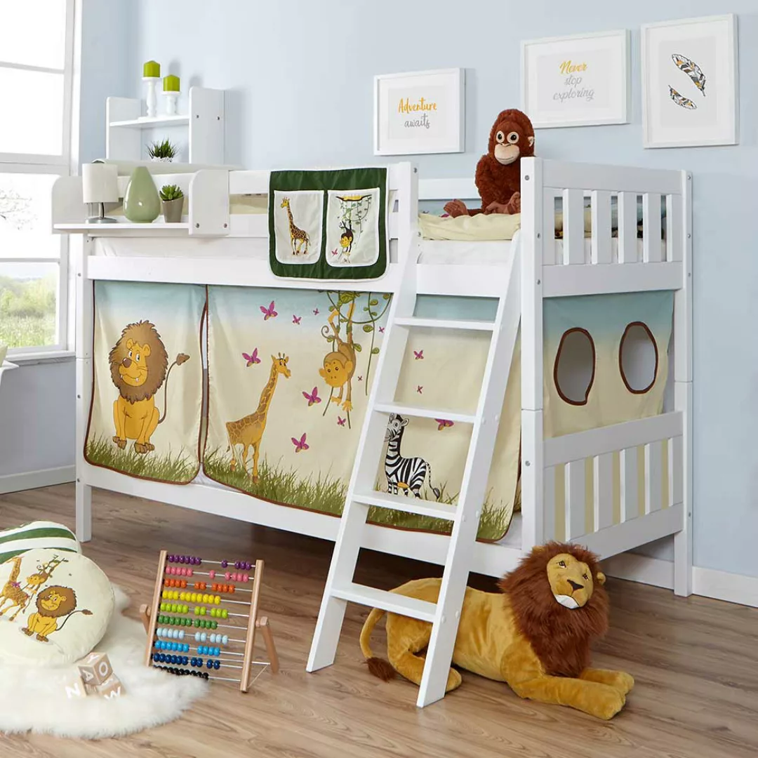 Kinderstockbett mit Vorhang im Zootier Design Buche Massivholz in Weiß günstig online kaufen