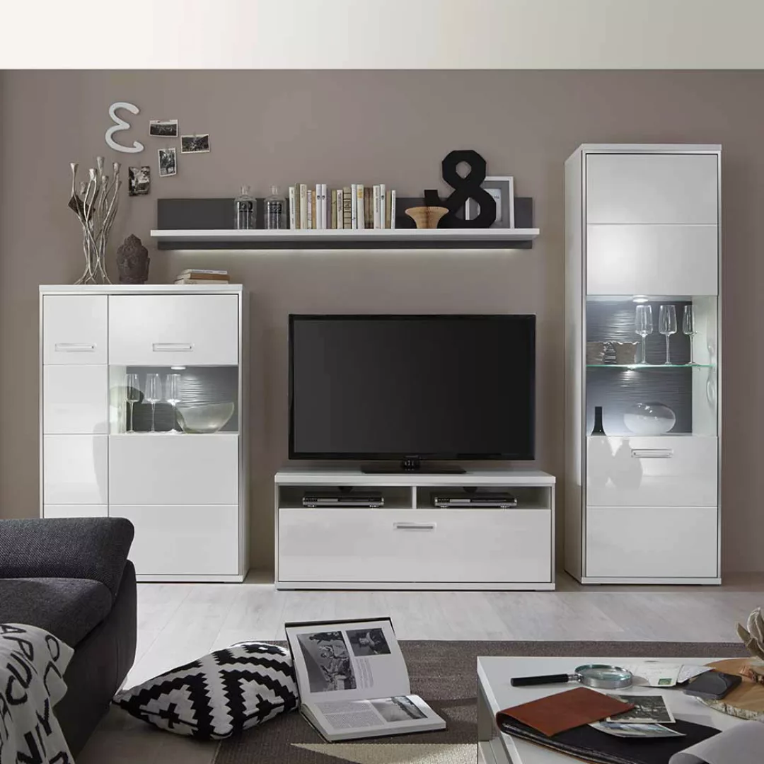 Wohnzimmer Schrankwand in Hochglanz Weiß 300 cm breit (vierteilig) günstig online kaufen