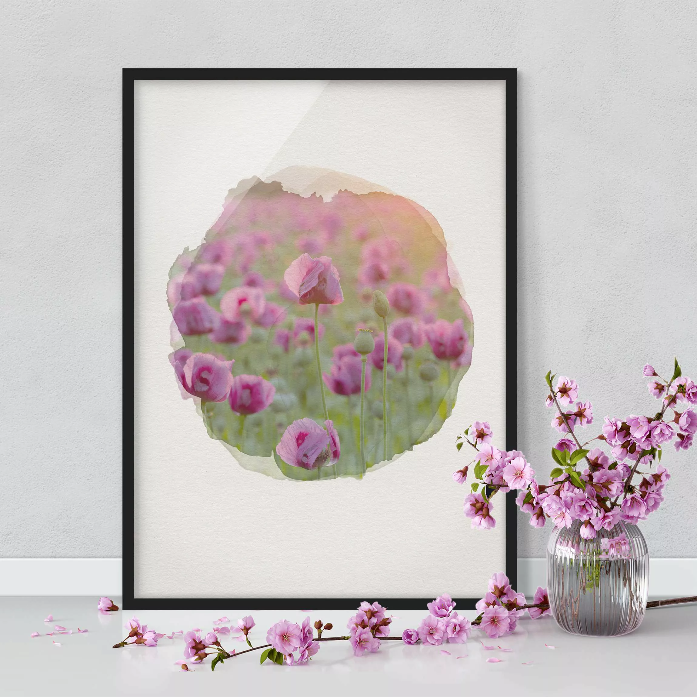 Bild mit Rahmen Blumen - Hochformat Wasserfarben - Violette Schlafmohn Blum günstig online kaufen