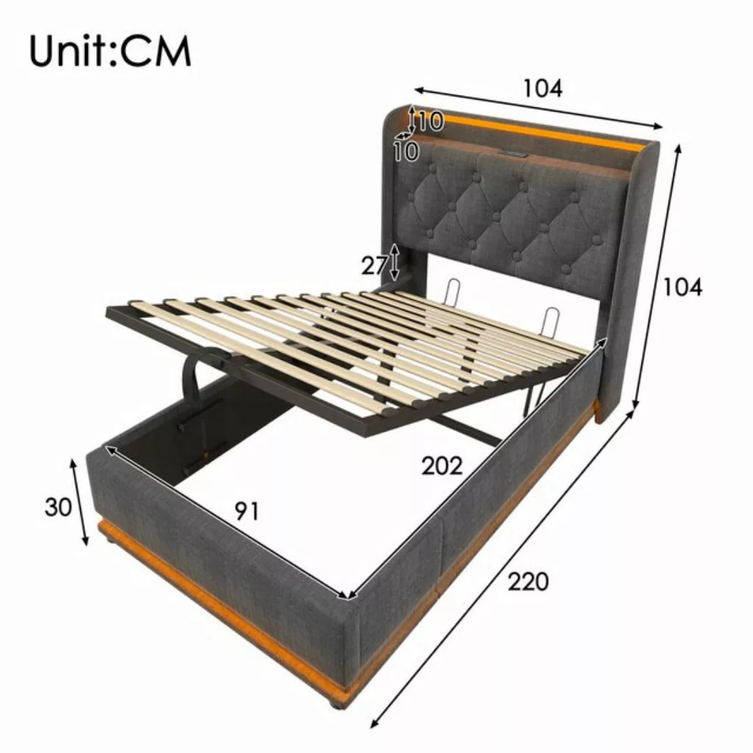 OKWISH Polsterbett mit Bettkasten, Lattenrost,LED-Lichtleiste,Ladeanschluss günstig online kaufen