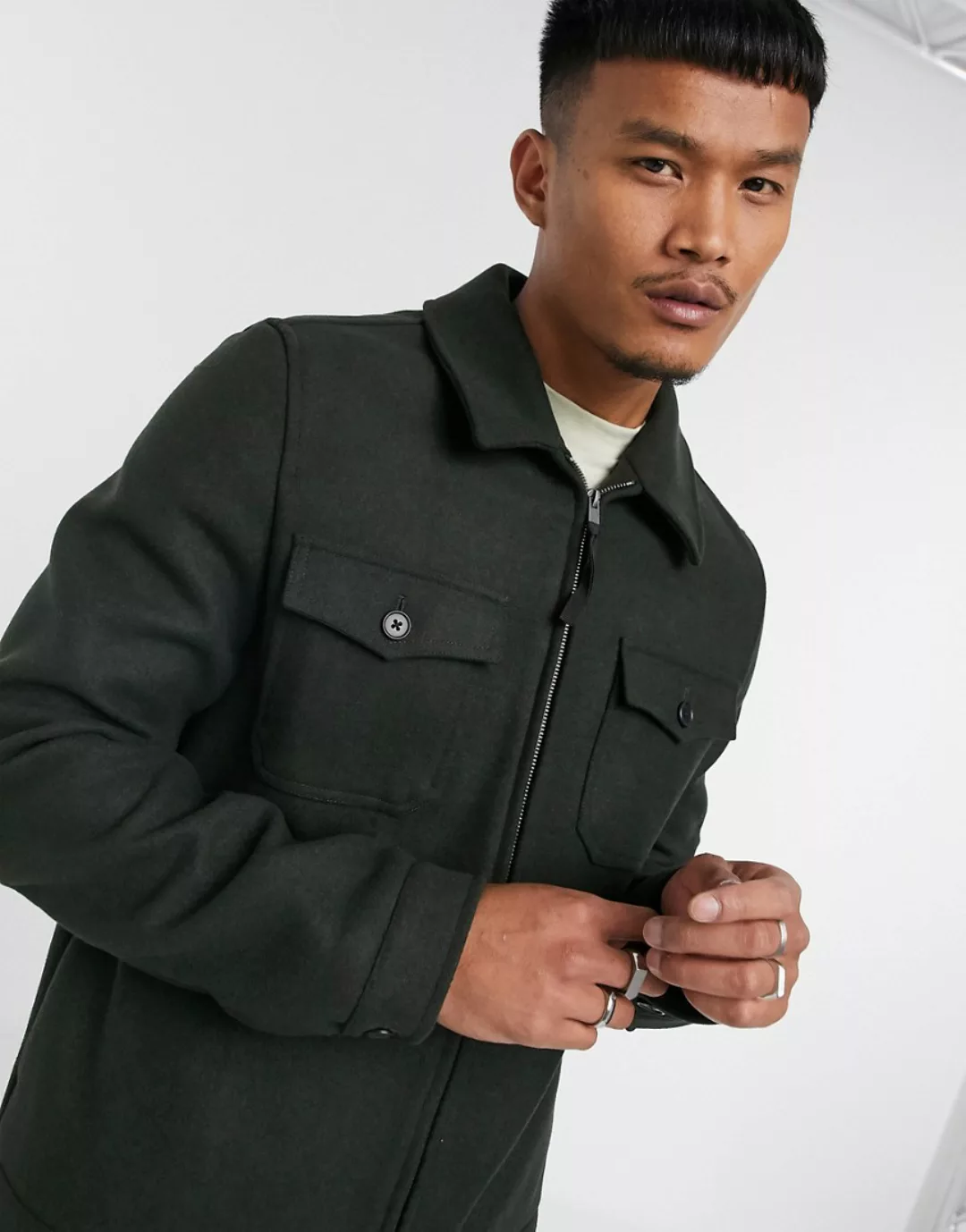 ASOS DESIGN – Harrington-Hemdjacke aus Wollmischung in Khaki-Grün günstig online kaufen