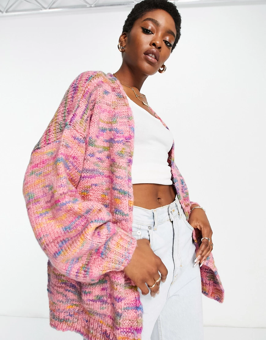 Topshop – Strickjacke mit ganzflächigem Space-Dye-Muster in Rosa günstig online kaufen
