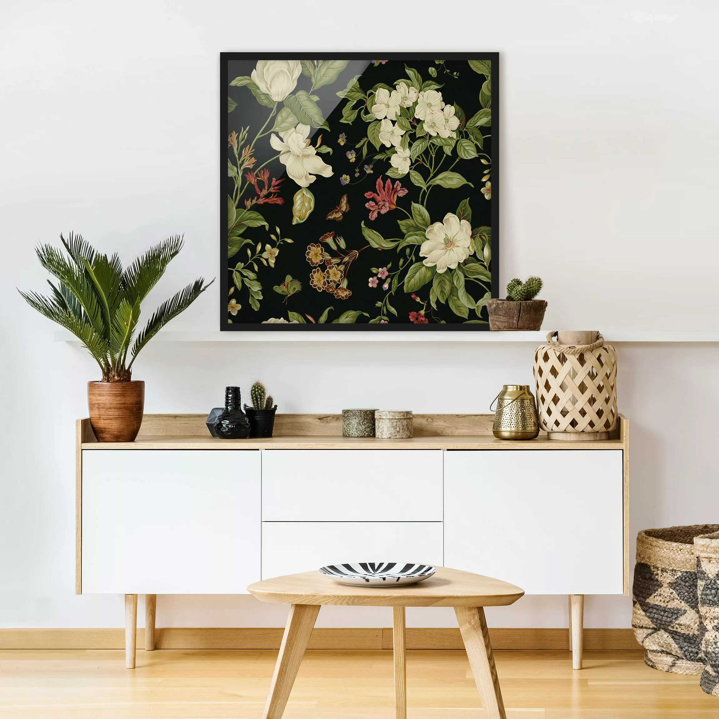 Bild mit Rahmen Blumen - Quadrat Gartenblumen auf Schwarz II günstig online kaufen