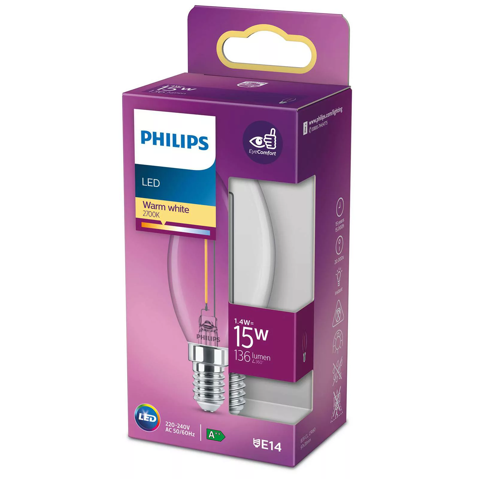 Philips LED Filament Lampe ersetzt 15W E14 Kerze - B35 1,4W 136lm 2700K Ein günstig online kaufen