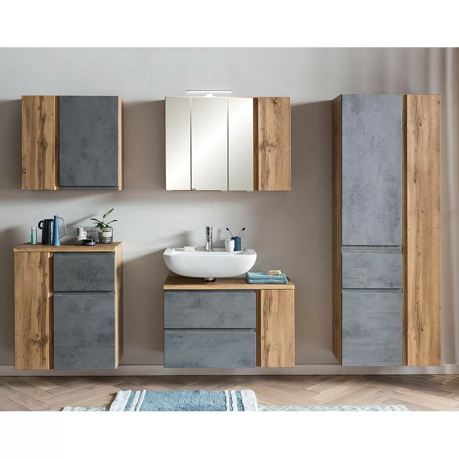 Badezimmermöbel Set, stehend oder hängend, in Wotan Eiche Nb. mit Beton Opt günstig online kaufen