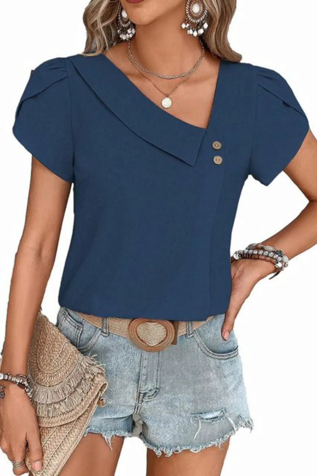 ENIX Blusentop Damen Sommer Schräger Kragen T-Shirt Knopfverzierung Kurzarm günstig online kaufen