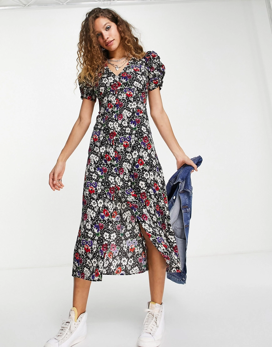 Topshop – Buntes Midikleid mit Blumenmuster und gerafften Ärmeln günstig online kaufen