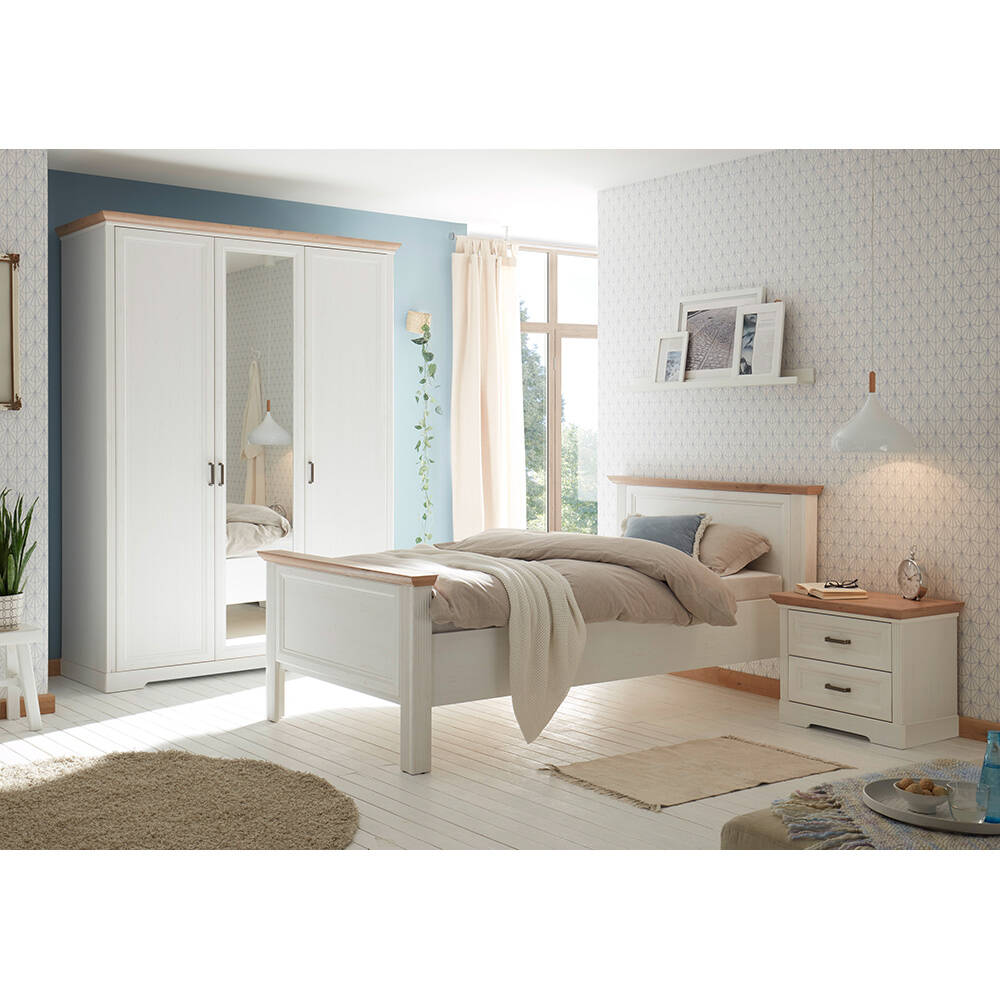 Schlafzimmer Set 3-teilig Bett 100x200cm Pinie weiß mit Eiche JÜLICH-77 günstig online kaufen