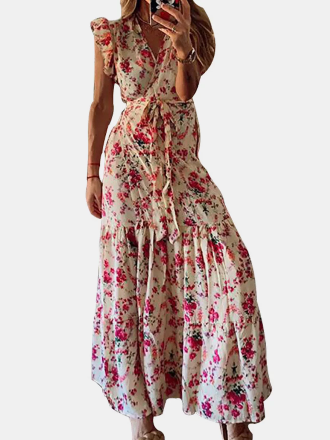 Bohemian Floral Print Krawatte Taille Maxi Kleid Für Damen günstig online kaufen