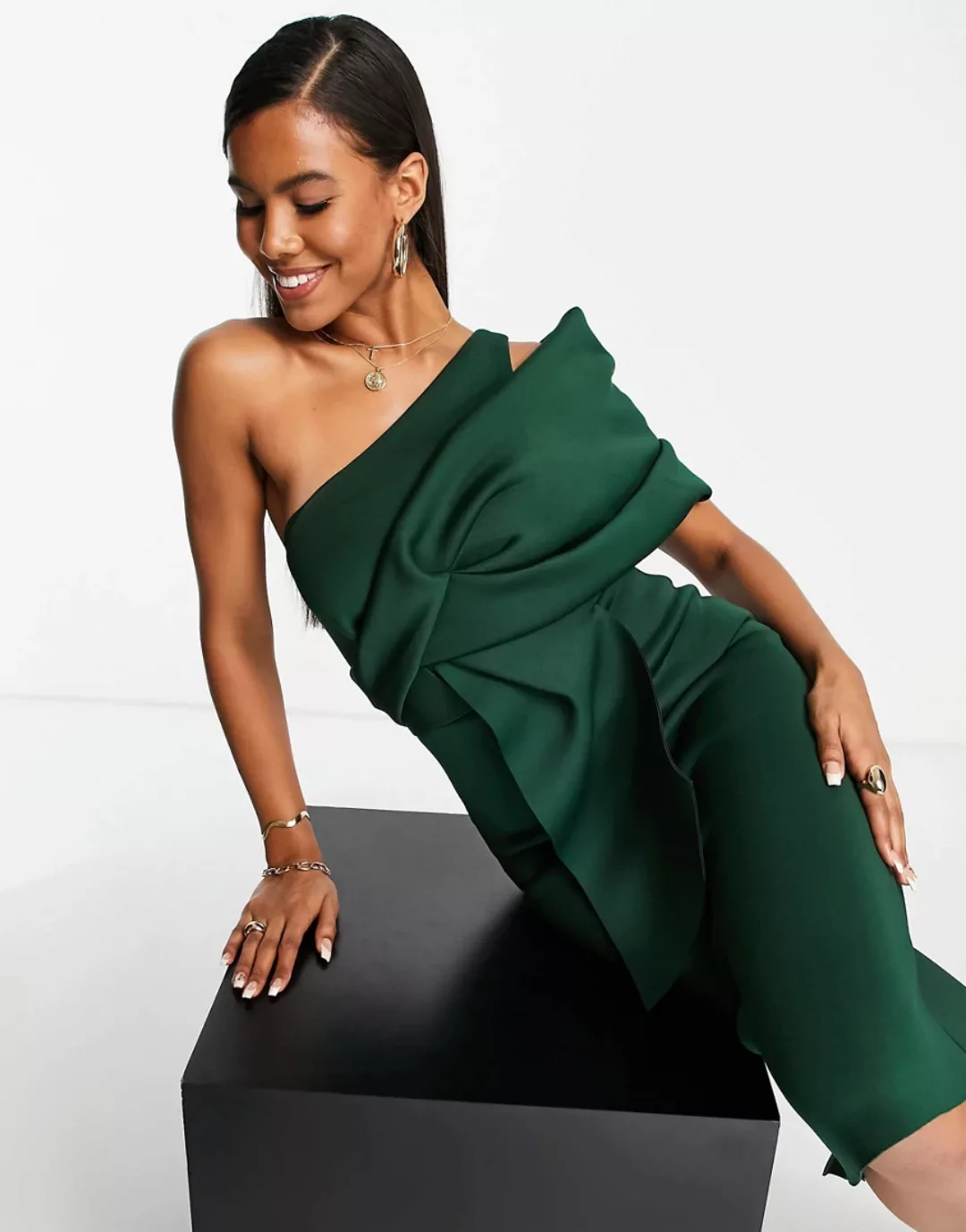 ASOS DESIGN – Midi-Bleistiftkleid in Tannengrün mit gerafftem einseitigem T günstig online kaufen