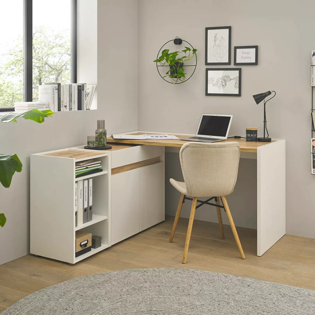 Büromöbel Set weiß mit Eiche CRISP-61 modern 3-teilig mit Schreibtisch günstig online kaufen