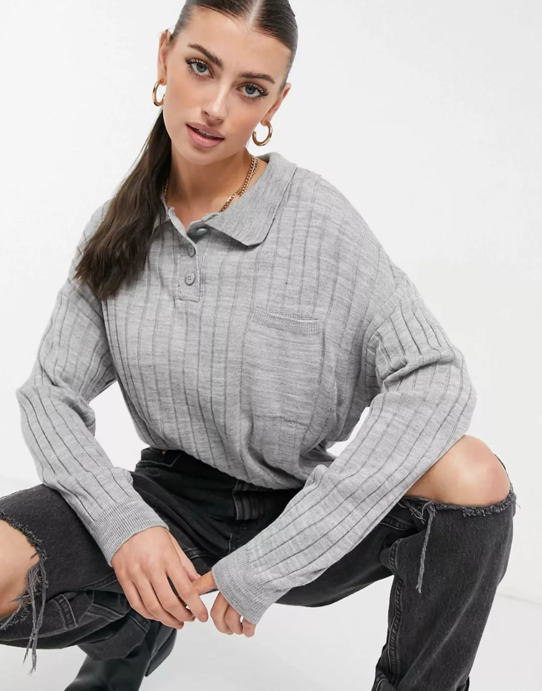 ASOS DESIGN – Oversize-Pullover im Rugby-Stil mit Kragen und Tasche in Grau günstig online kaufen