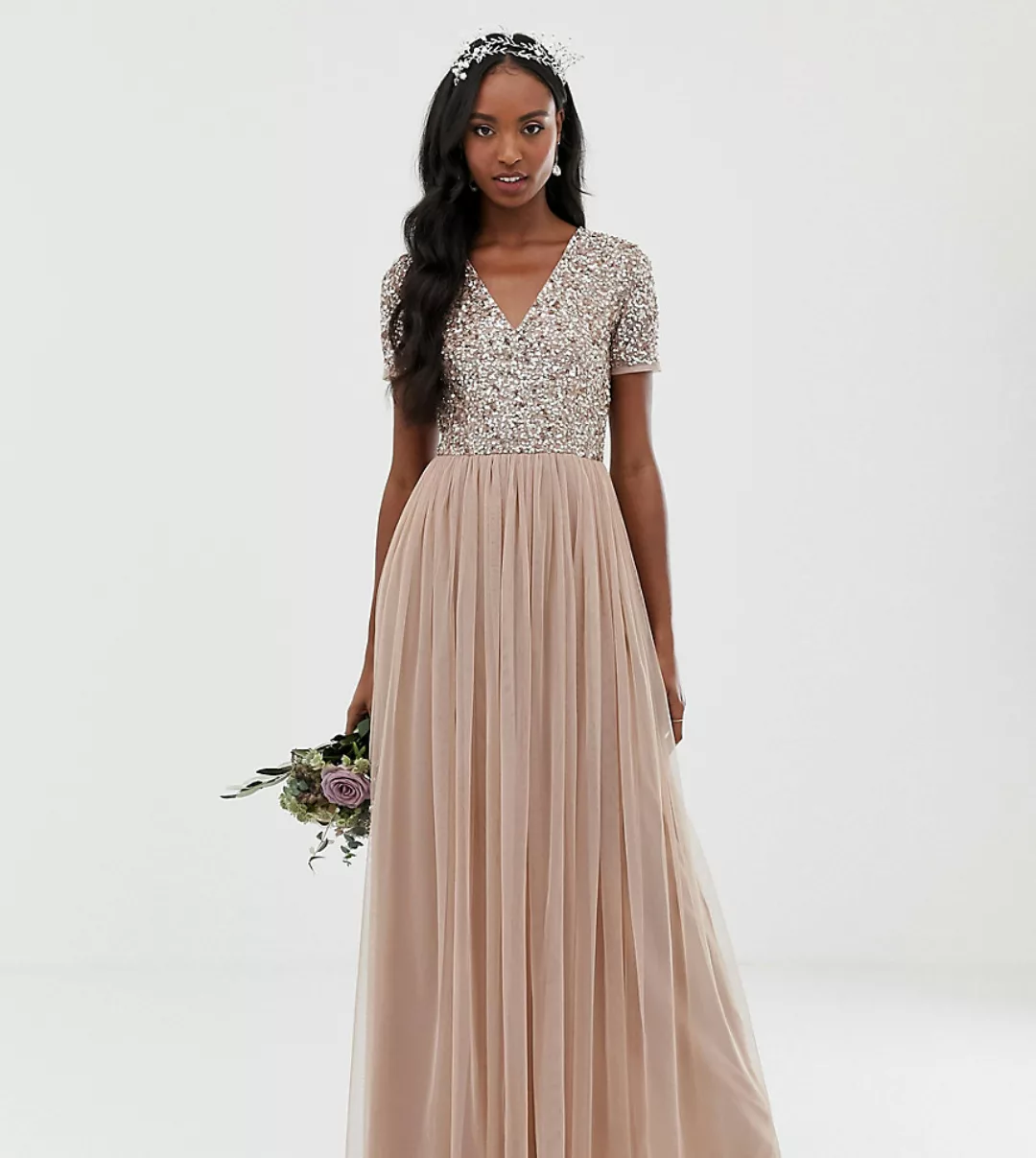 Maya Tall – Bridesmaid – Maxi-Tüllkleid mit V-Ausschnitt und farblich passe günstig online kaufen