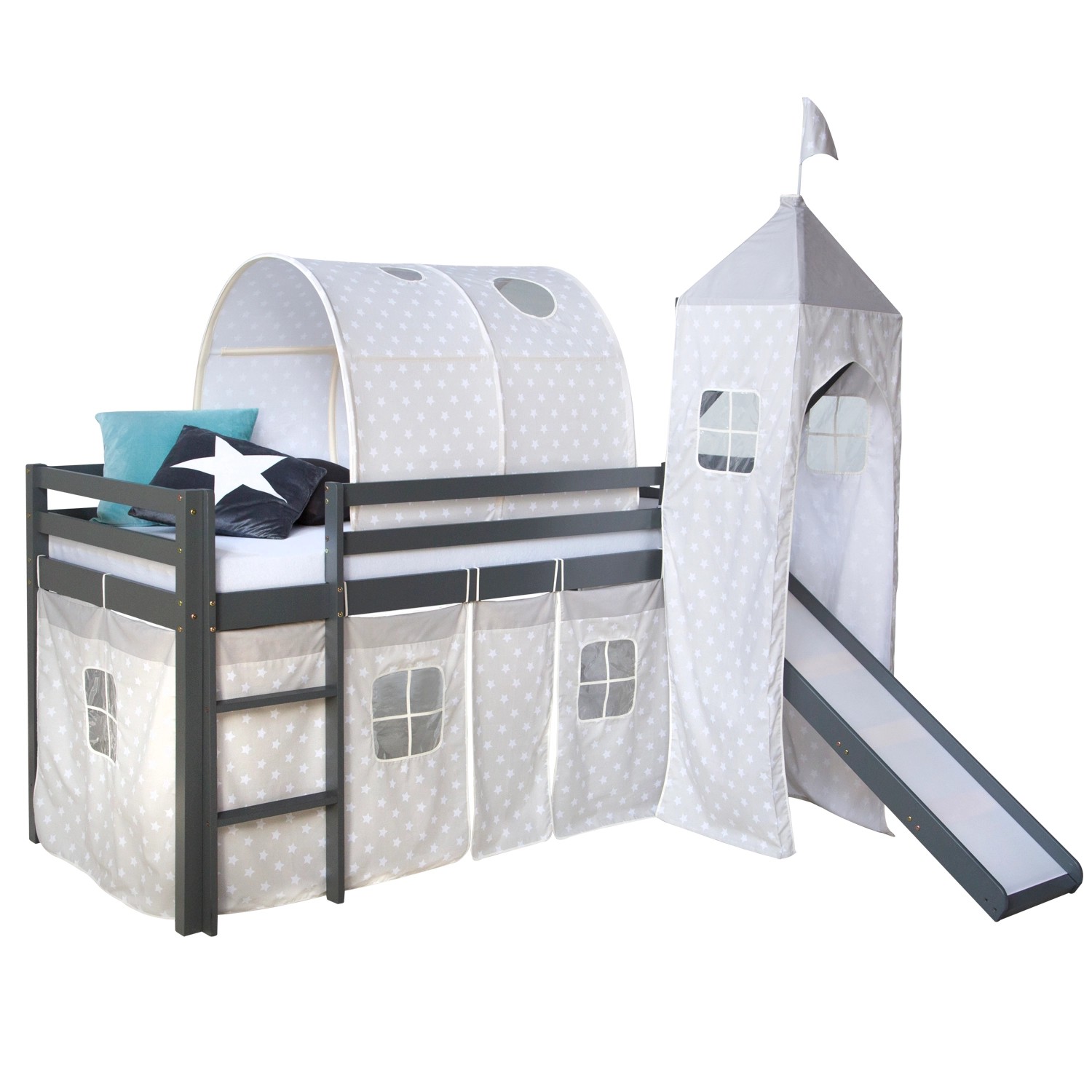 Homestyle4u Hochbett 90x200 mit Vorhang Rutsche Tunnel Turm in Grau Sterne günstig online kaufen
