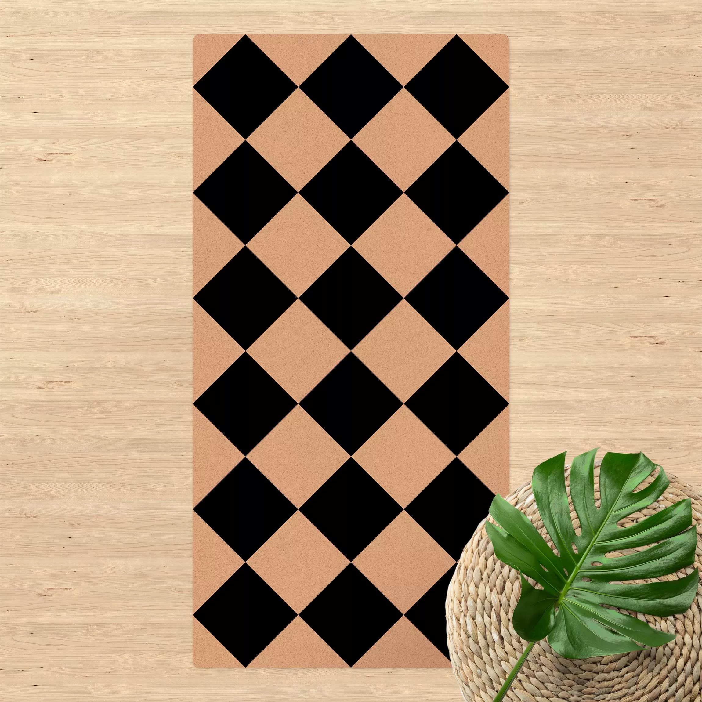 Kork-Teppich Geometrisches Muster gedrehtes Schachbrett Schwarz Weiß günstig online kaufen