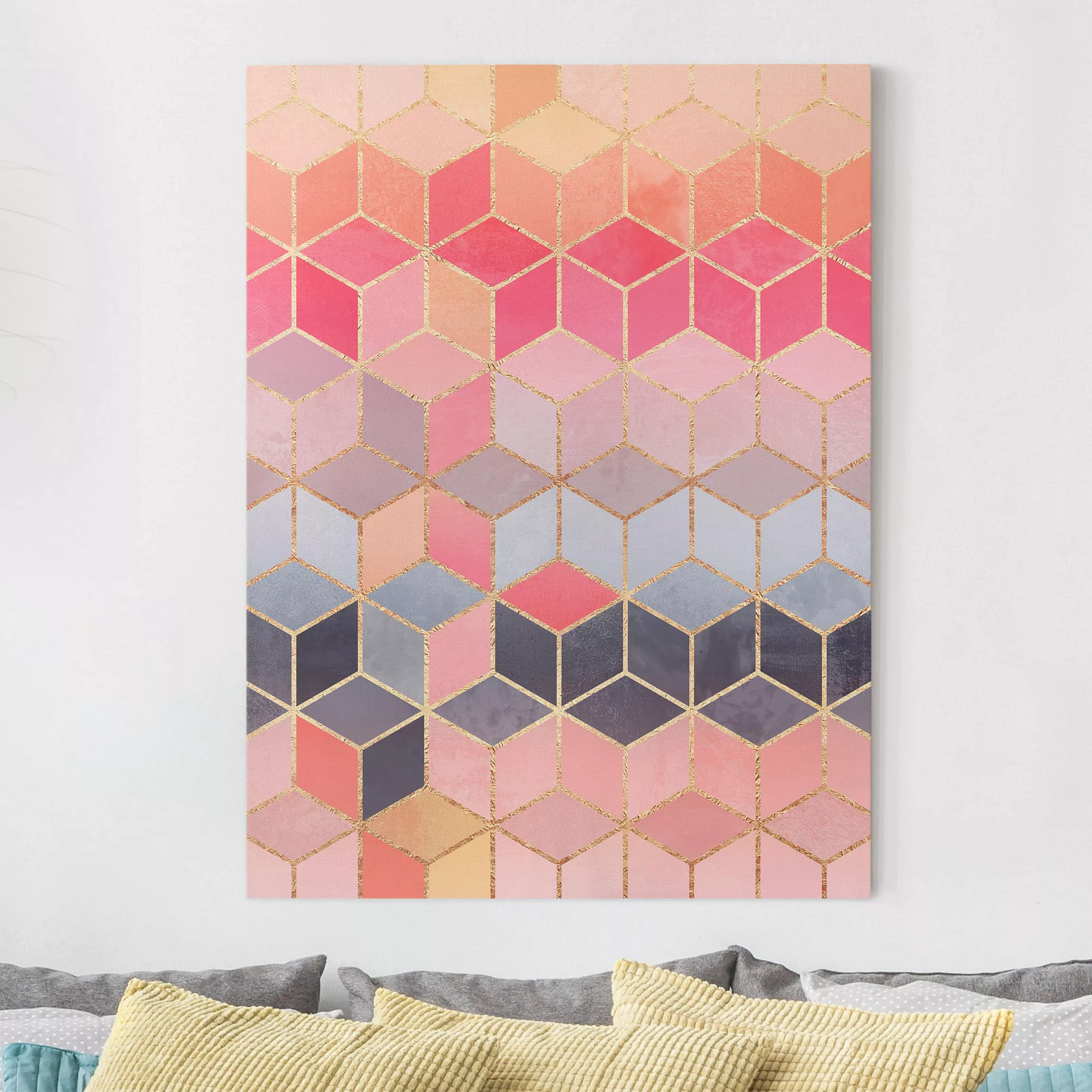 Leinwandbild Abstrakt - Hochformat Buntes Pastell goldene Geometrie günstig online kaufen