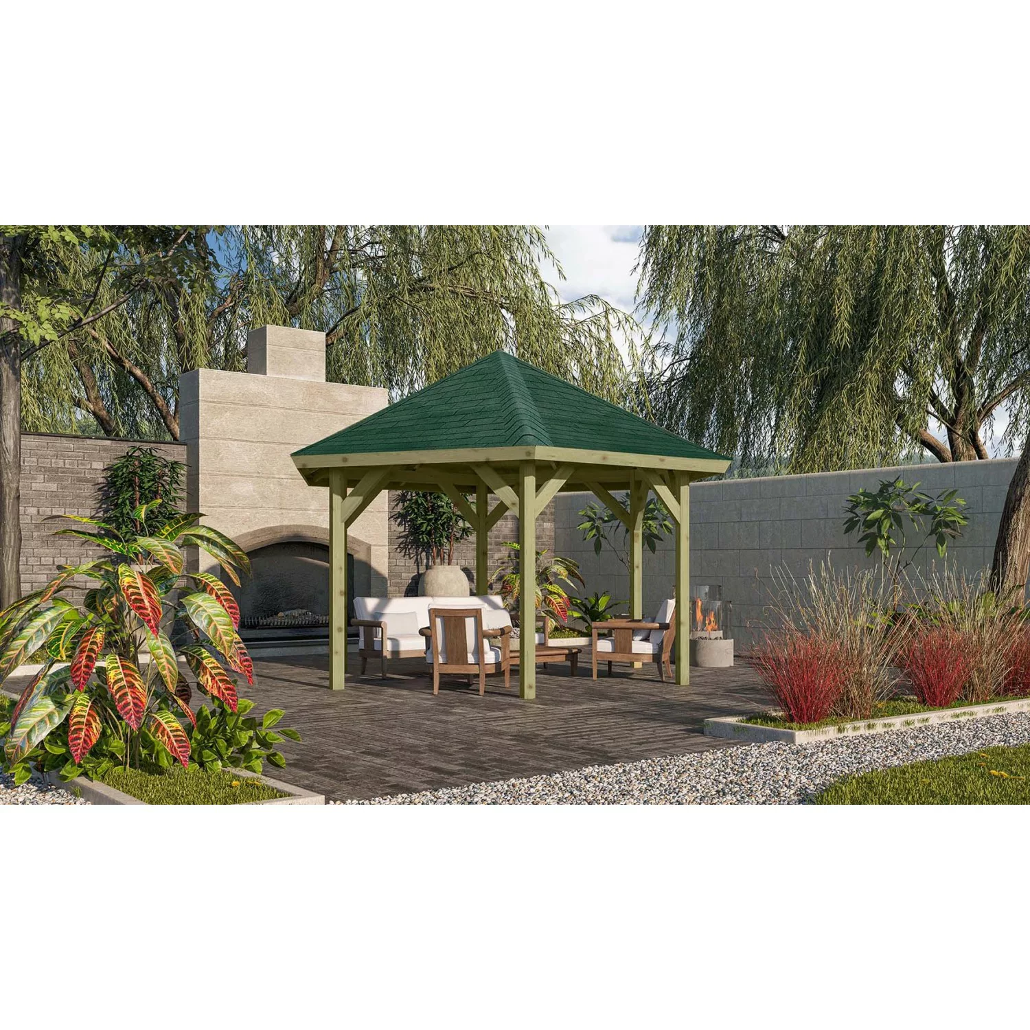 Karibu Pavillon Akerhus Set kdi mit Schindeln Grün 370 cm x 324 cm x 315 cm günstig online kaufen