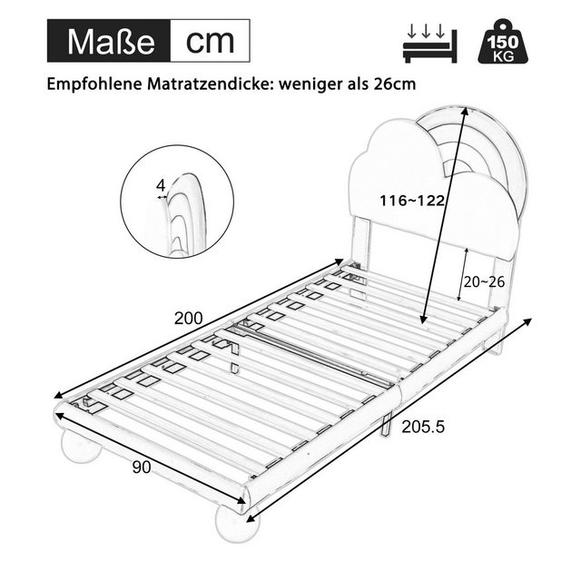 Flieks Polsterbett, Kinderbett Einzelbett 90x200cm mit höhenverstellbarem K günstig online kaufen