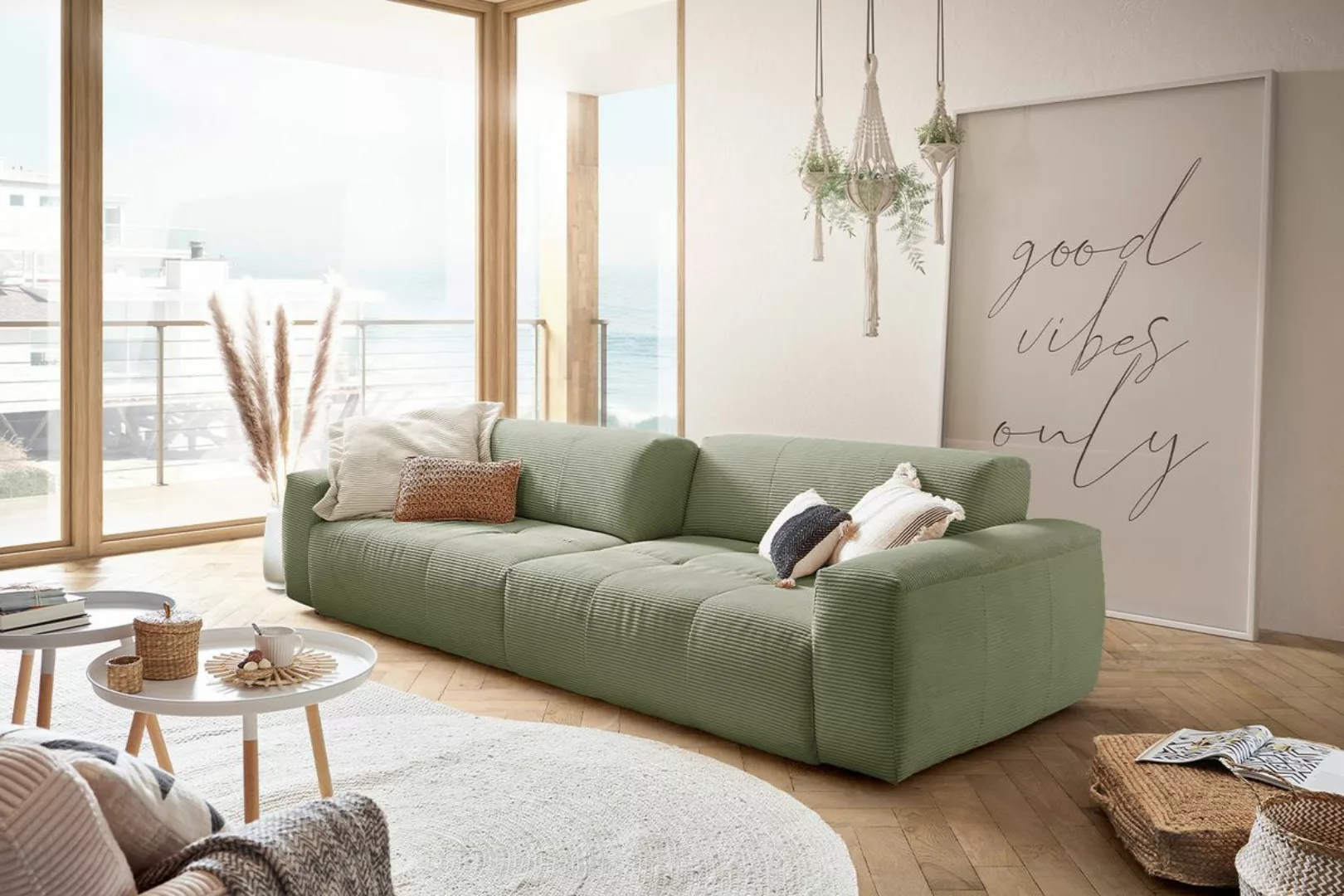 KAWOLA Big Sofa PALACE 3-Sitzer mit Sitztiefenverstellung Cord olivgrün günstig online kaufen