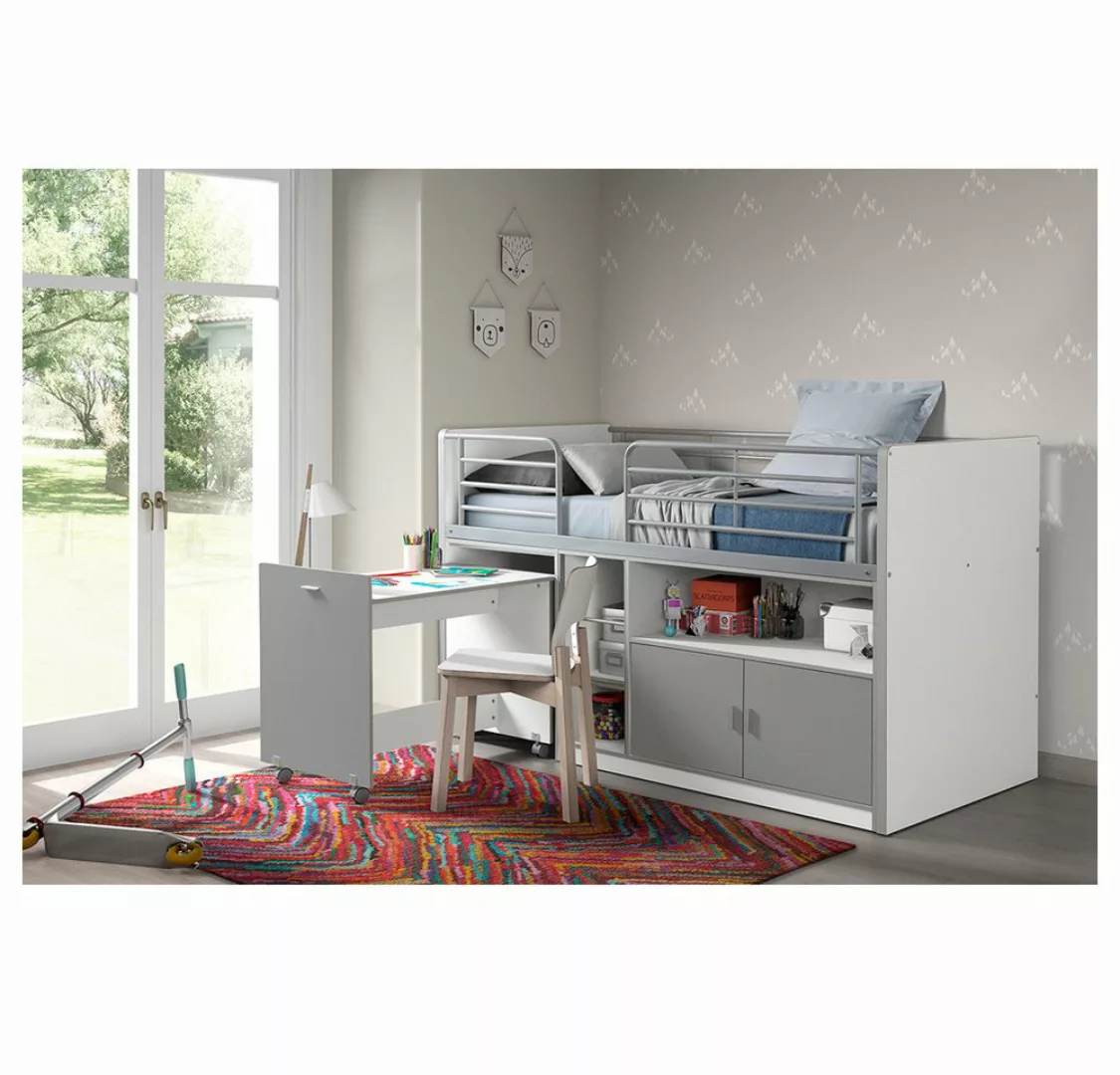 Lomadox Hochbett BONNY-12, mit rollbarem Schreibtisch, 90x200cm, Weiß Silbe günstig online kaufen