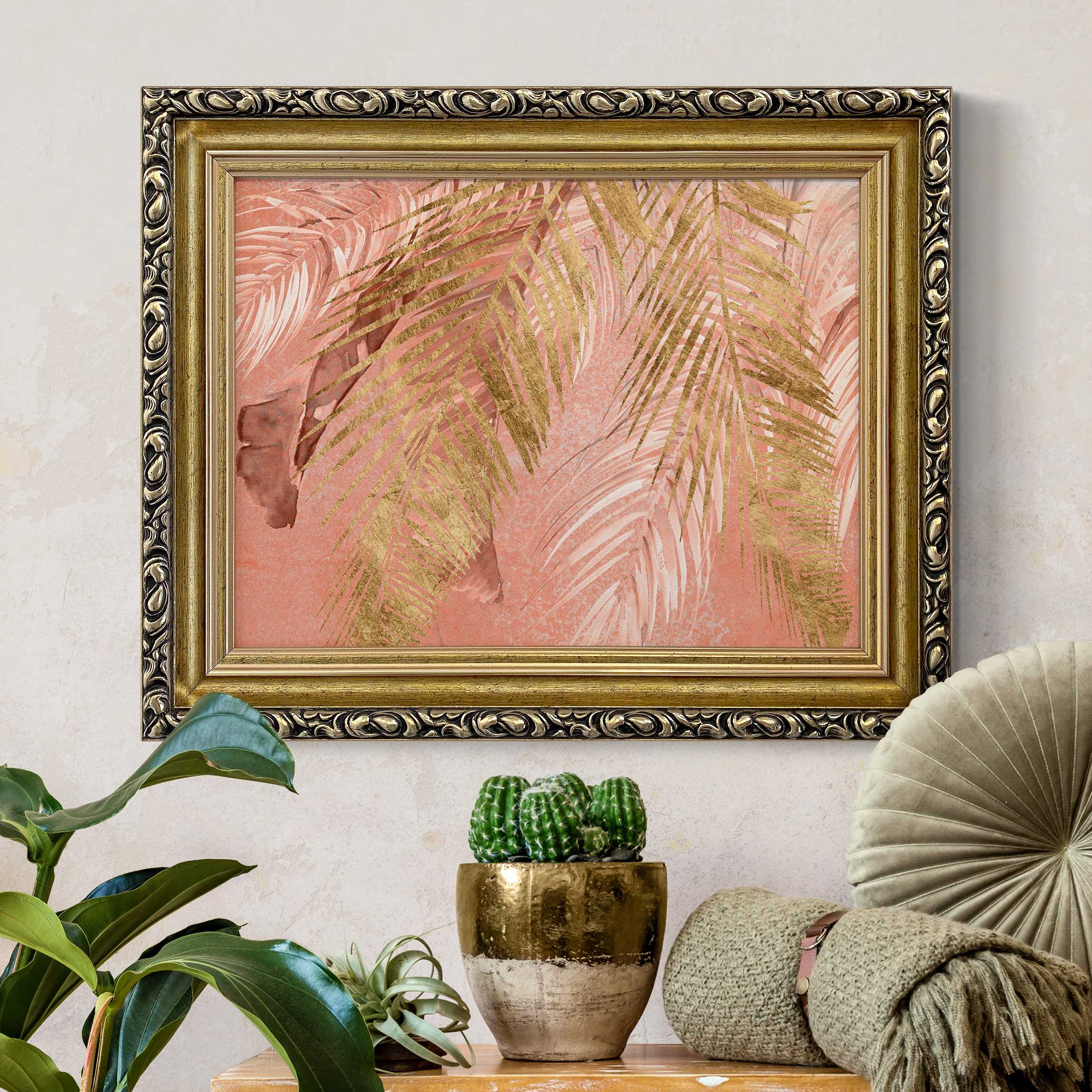 Gerahmtes Leinwandbild Palmenblätter Rosa und Gold III günstig online kaufen