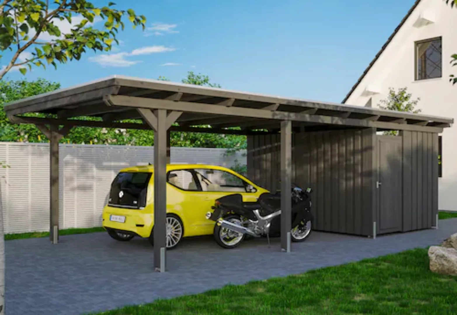 Skan Holz Carport Emsland 404 cm x 846 cm mit Abstellraum Schiefergrau günstig online kaufen