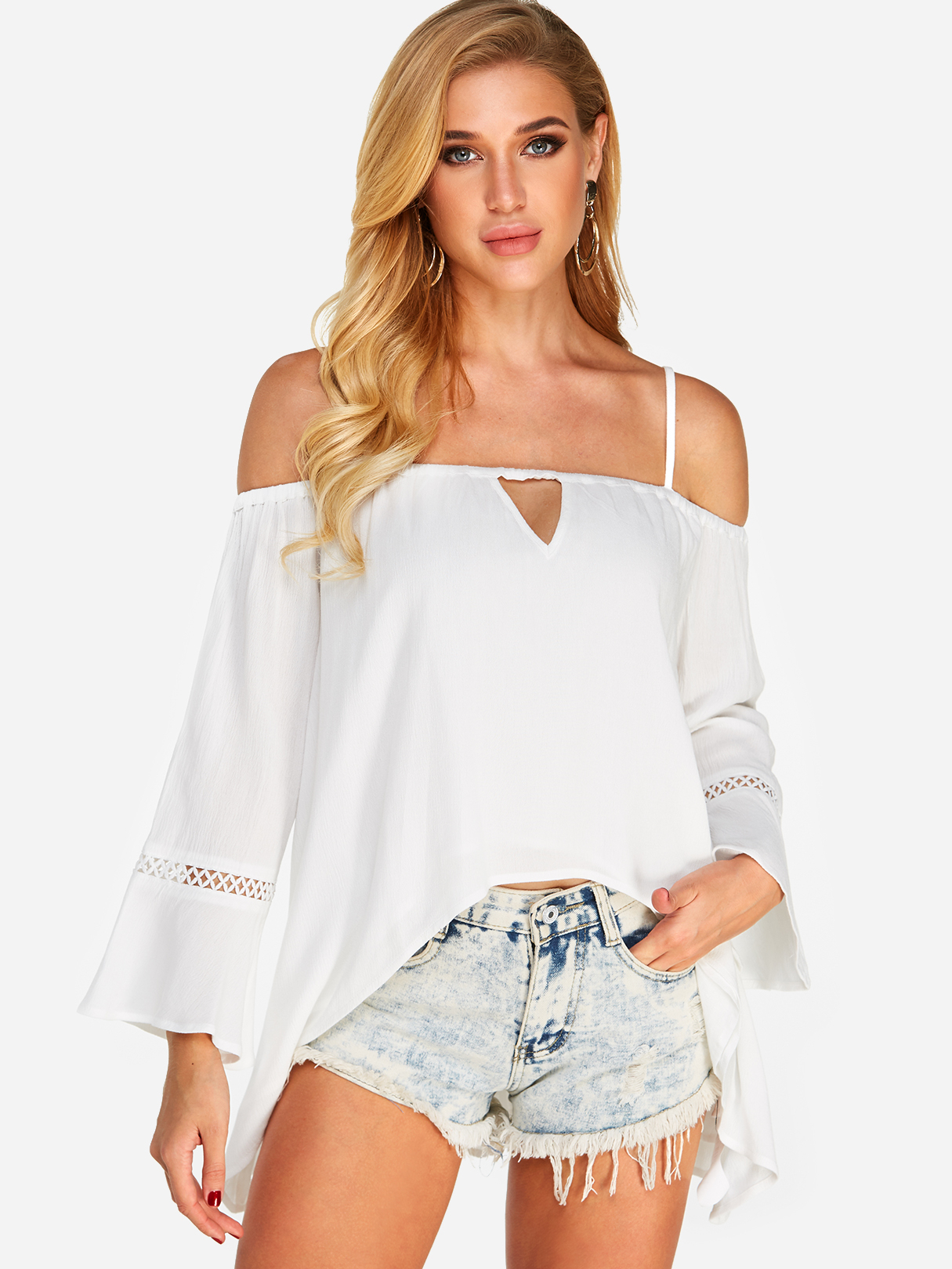 White ut Out Cold Shoulder Langarmblusen mit High-Low-Saum günstig online kaufen