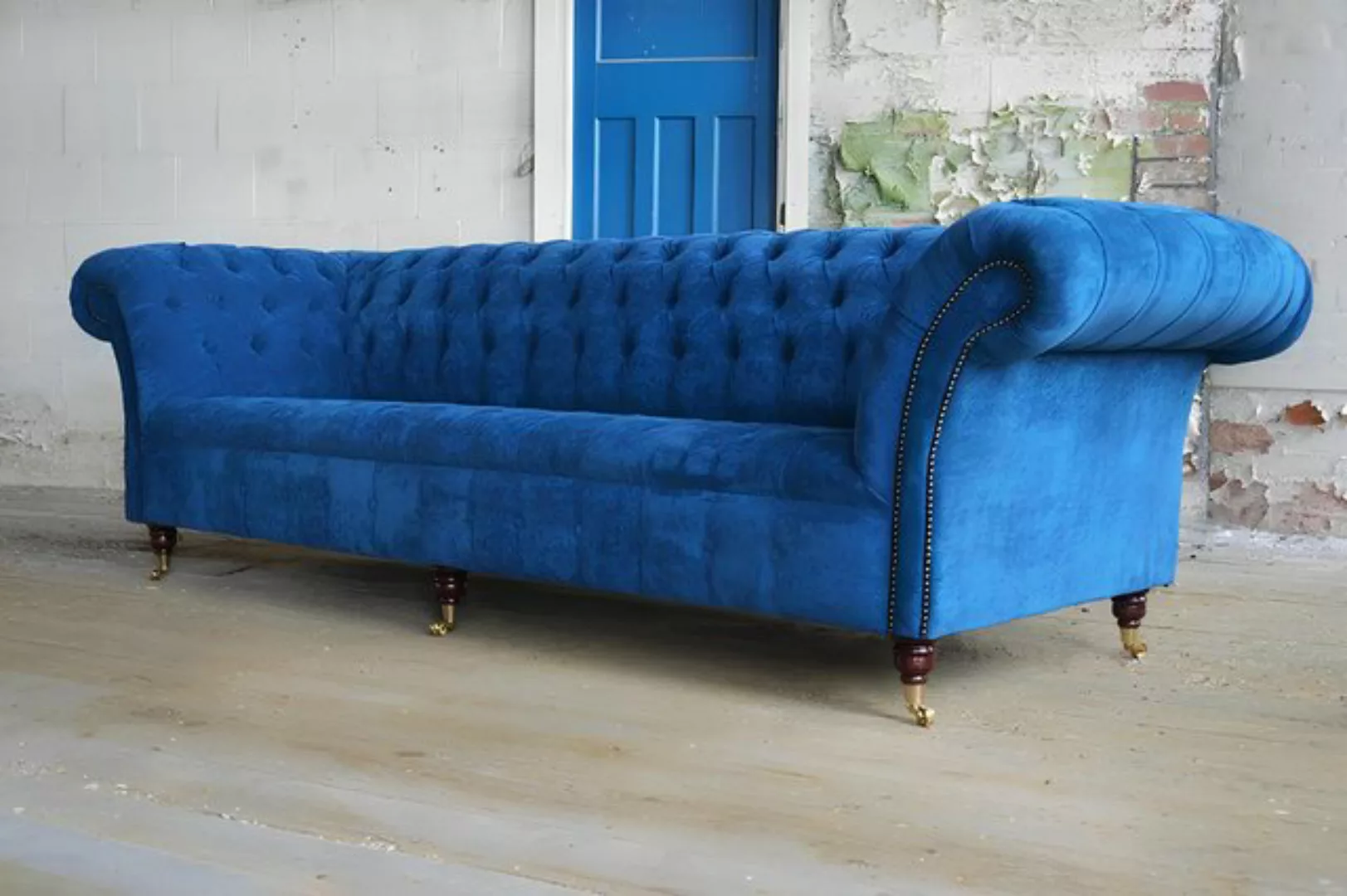 Xlmoebel Sofa Neue große 4-Sitzer Chesterfield-Sofa mit blauem Stoffbezug, günstig online kaufen