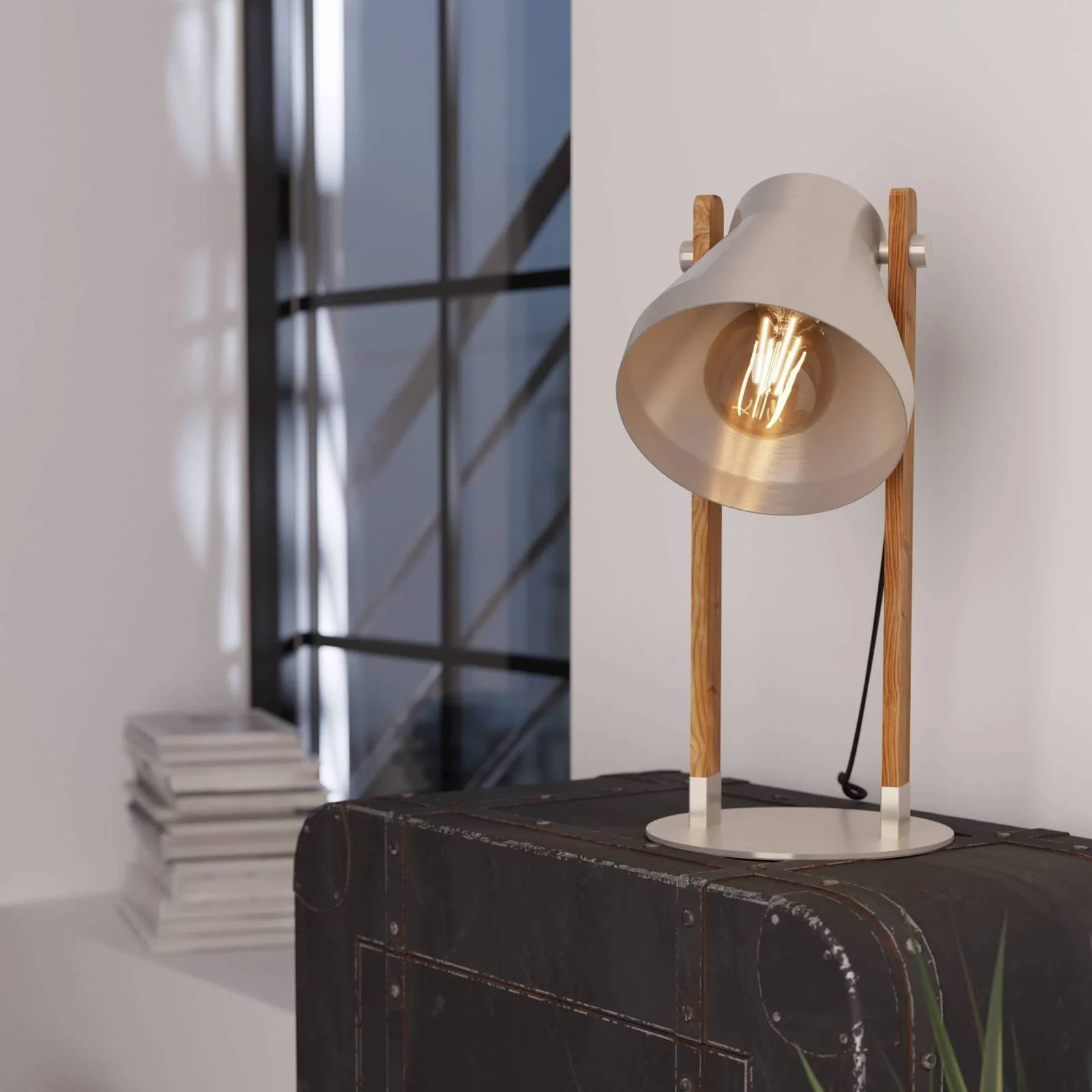 Tischlampe Cawton, Höhe 38 cm, stahl/braun, Stahl/Holz günstig online kaufen