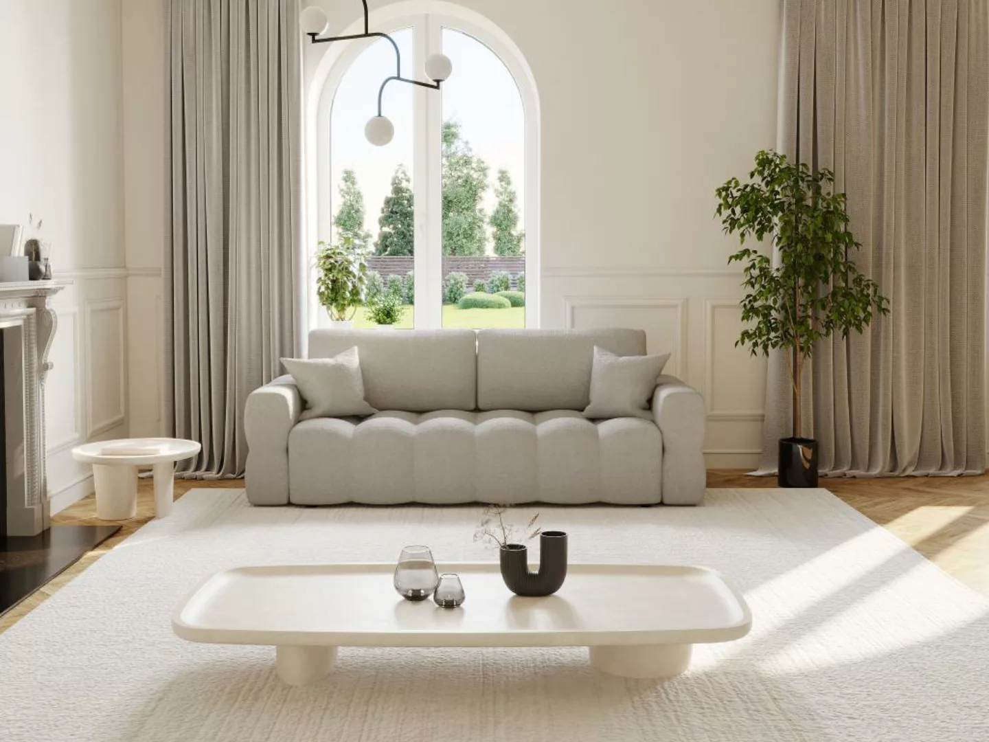 Sofa 3-Sitzer mit Schlaffunktion - Bouclé-Stoff - Hellgrau - ISSORO günstig online kaufen