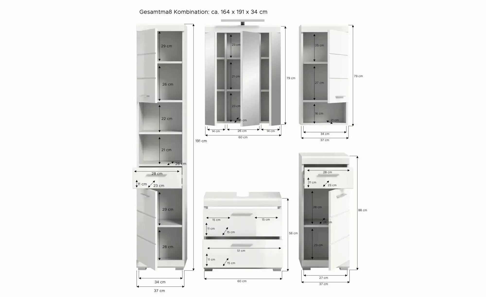 Badkombination  Schloonsee ¦ weiß ¦ Maße (cm): B: 164 H: 191 Schränke > Bad günstig online kaufen