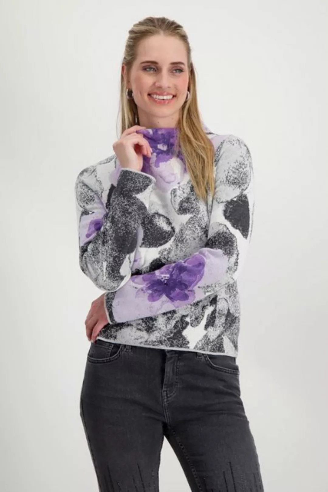 Monari Blusenshirt Strickpullover mit Lurexblumen schwarz gemustert günstig online kaufen