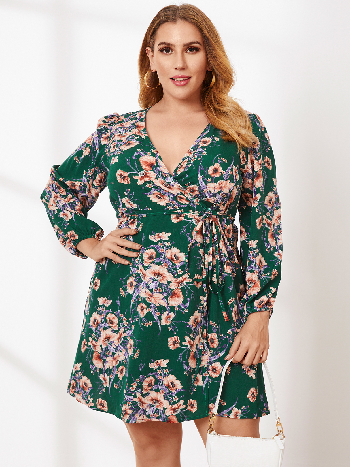 Plus Size Tiefer V-Ausschnitt Blumendruck Wickeldesign Lange Ärmel Mini Kle günstig online kaufen