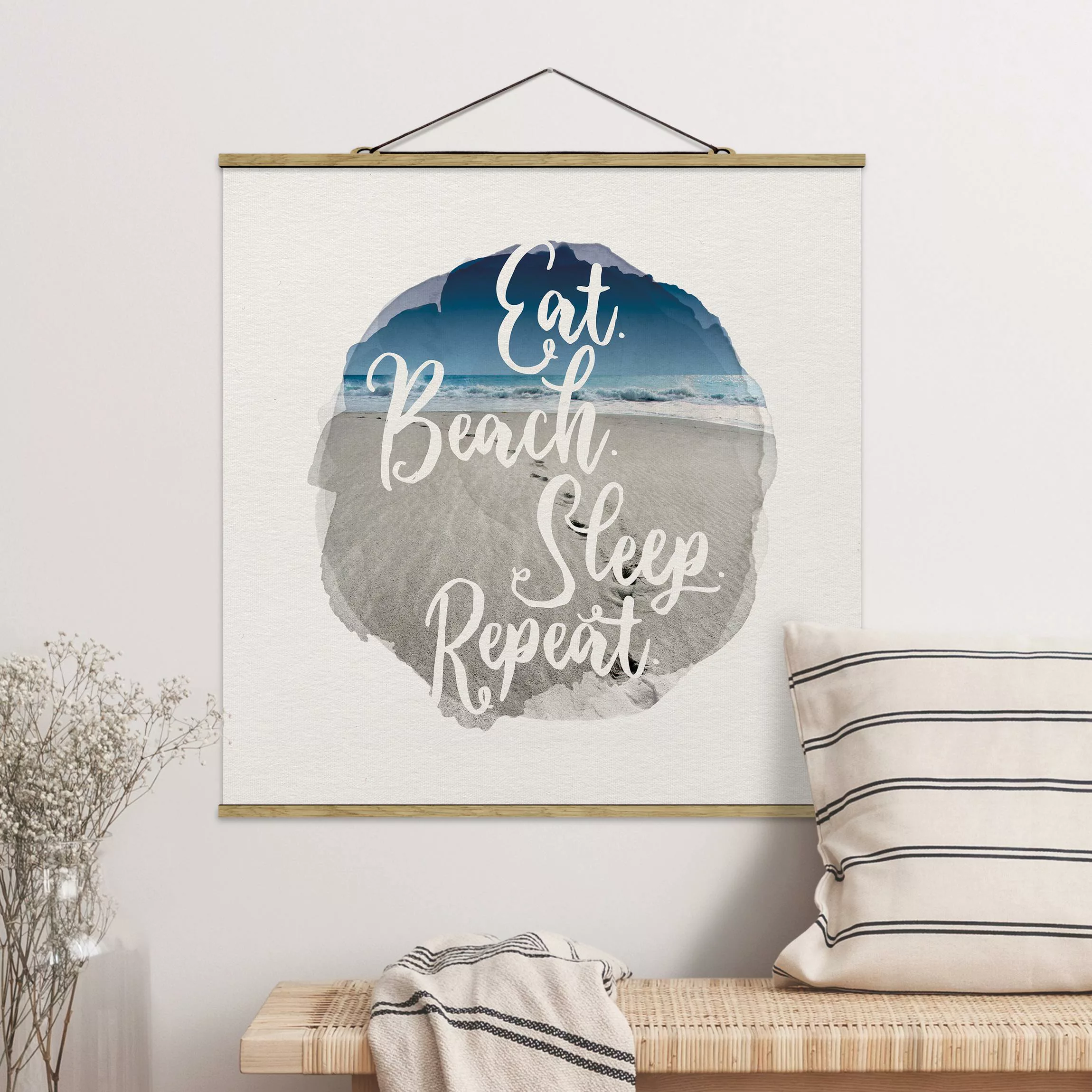 Stoffbild Spruch mit Posterleisten - Quadrat Wasserfarben - Eat.Beach.Sleep günstig online kaufen