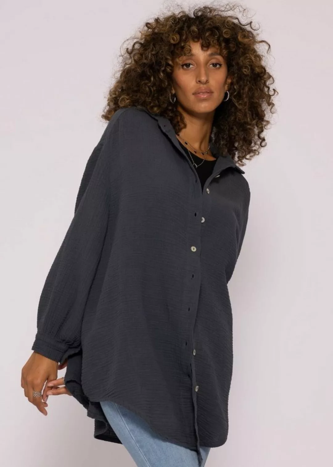 SASSYCLASSY Longbluse Oversize Musselin Bluse Damen Langarm Hemdbluse lang günstig online kaufen