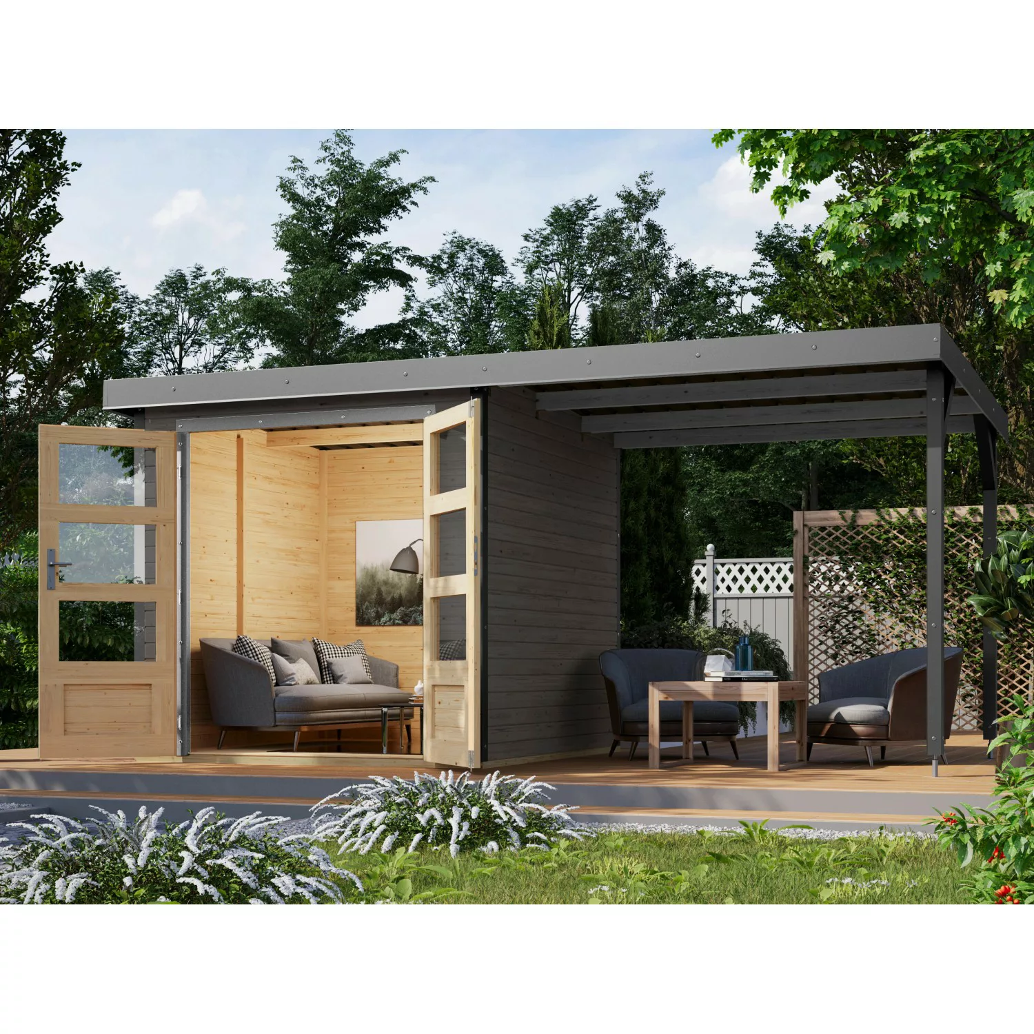 Karibu Gartenhaus/Gerätehaus Set Ernesto B Terragrau-Staubgrau mit Anbaudac günstig online kaufen