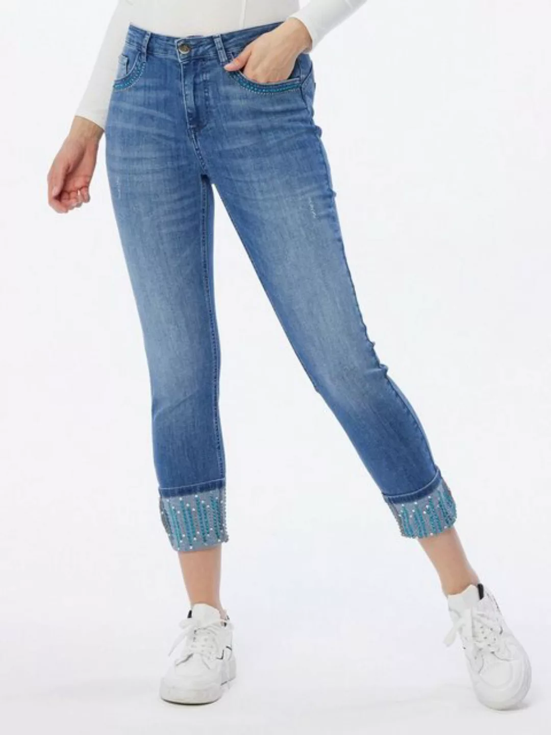 Sarah Kern Ankle-Jeans Röhrenjeans koerpernah mit aufwendiger Steinapplikat günstig online kaufen