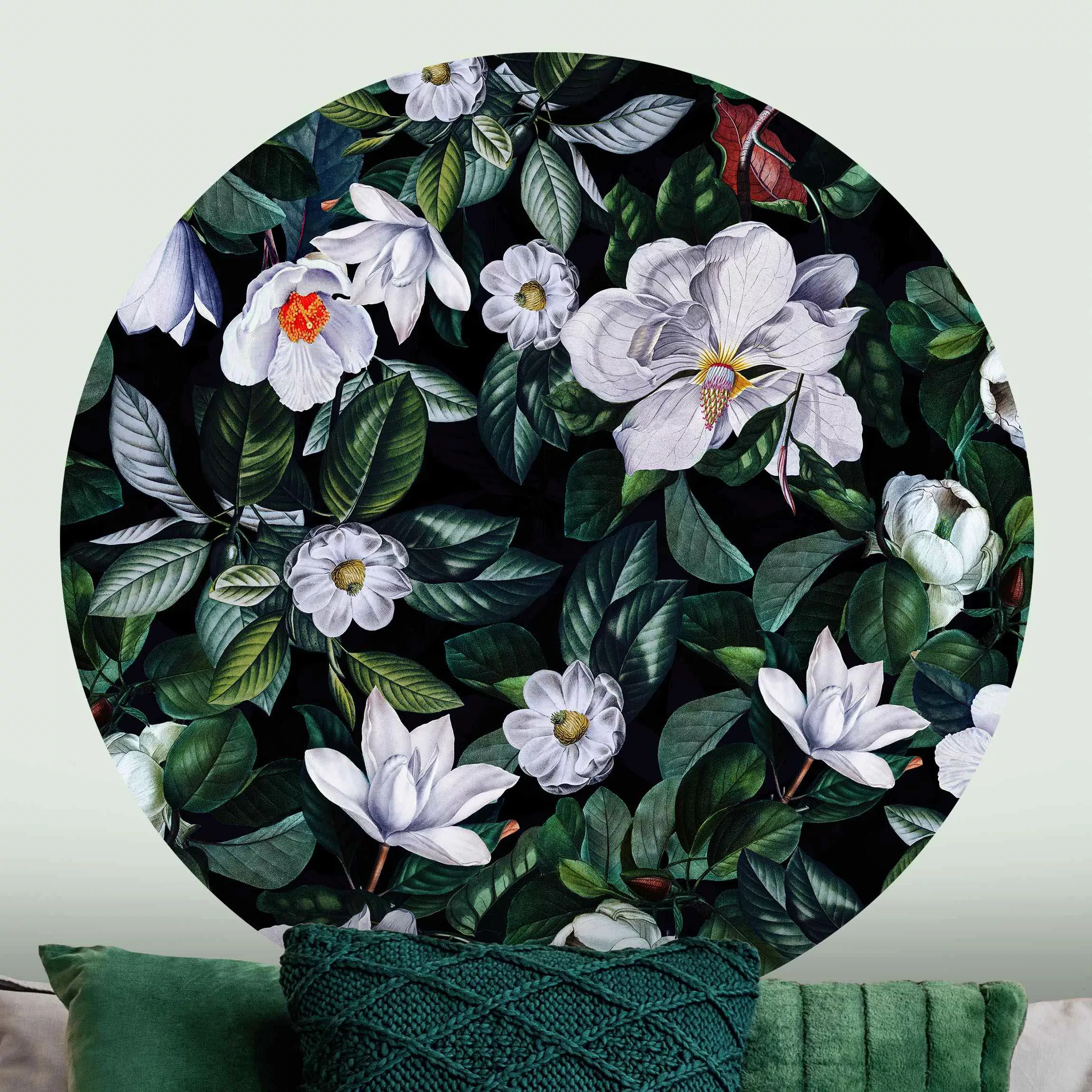 Runde Mustertapete selbstklebend Tropische Nacht mit weißen Blumen günstig online kaufen