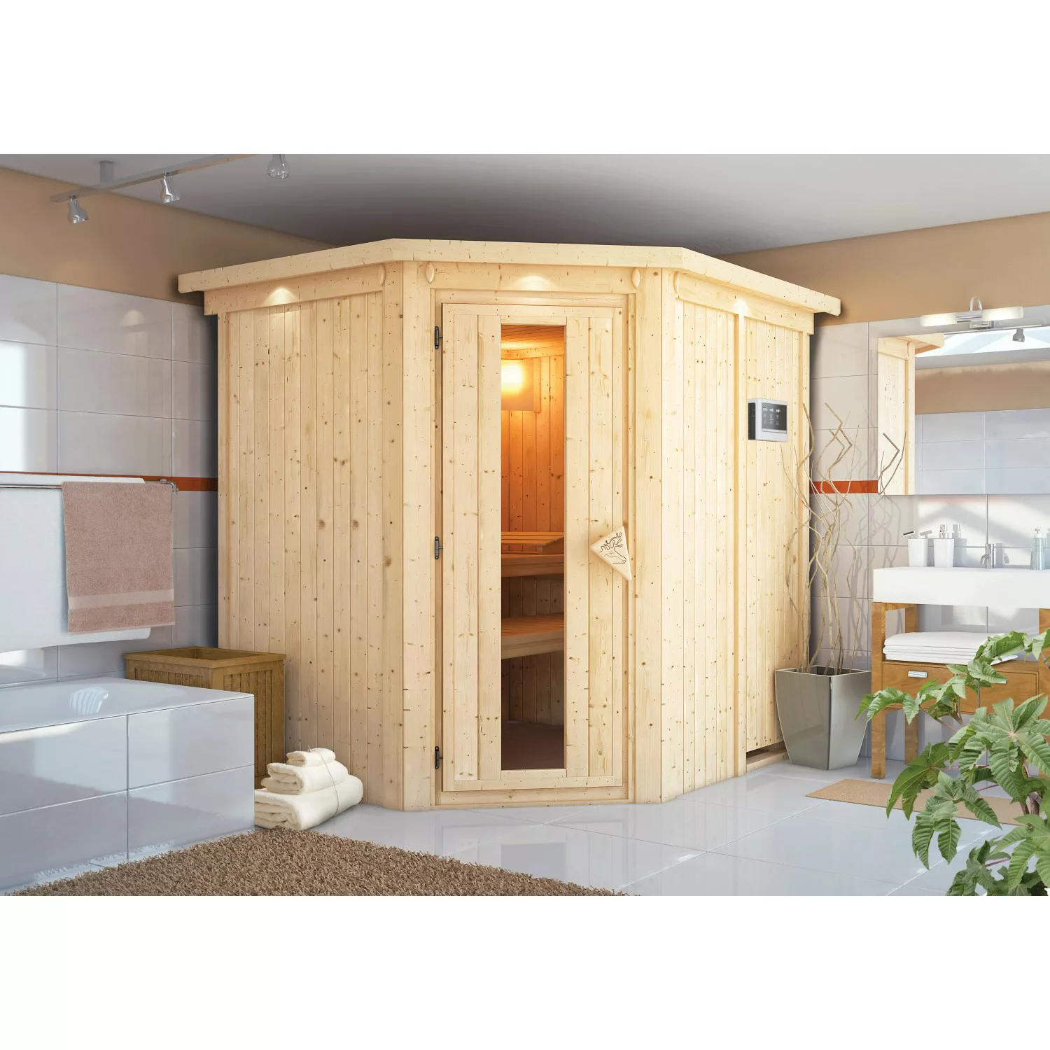 Sauna Loba inkl. Kranz-Set inkl. Ofen 3,6 kW ext. Strg. Modern günstig online kaufen