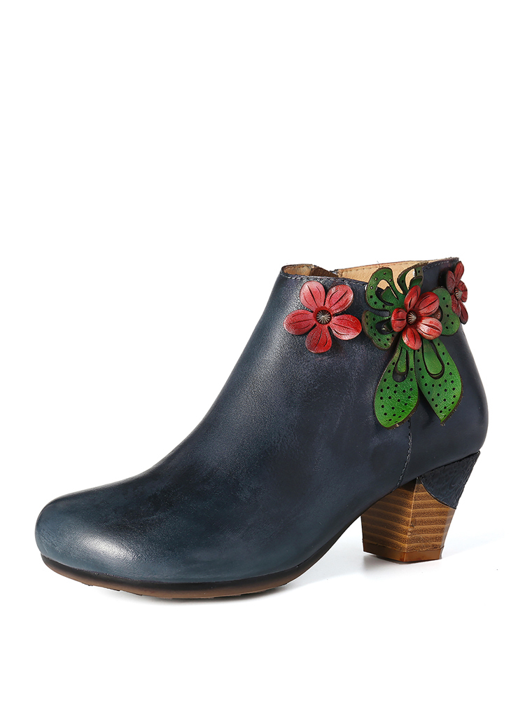 SOCOFY Retro Red Flower Echtes Leder Simple Dark Blue High Heel Knöchel Sti günstig online kaufen