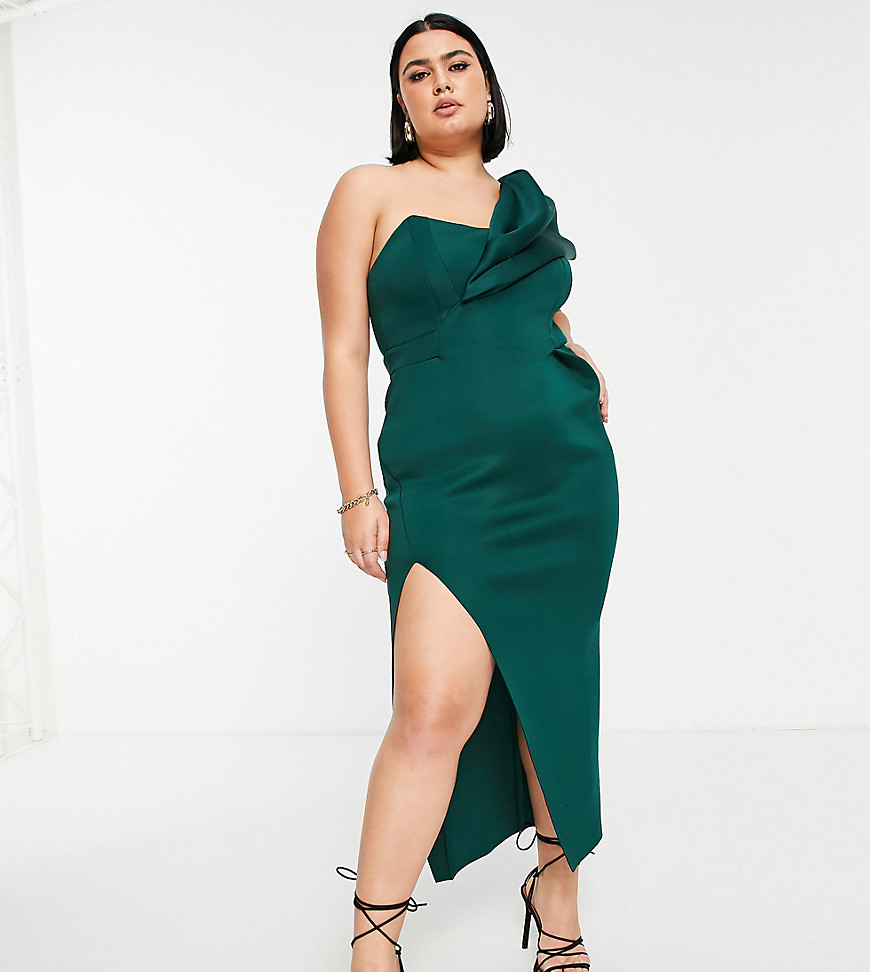 ASOS DESIGN Curve – Midikleid in Tannengrün mit One-Shoulder-Träger, Zierna günstig online kaufen