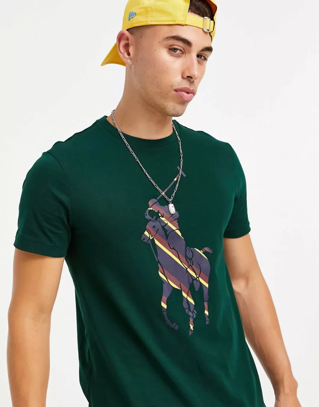 Polo Ralph Lauren – T-Shirt in College-Grün mit Player-Logo in Streifen-Opt günstig online kaufen