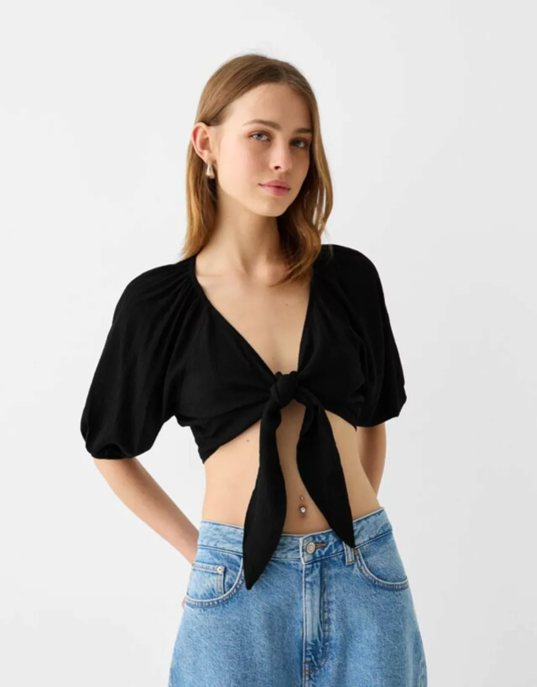 Bershka Hemd Mit Strukturmuster Und Knoten Damen Xl Schwarz günstig online kaufen