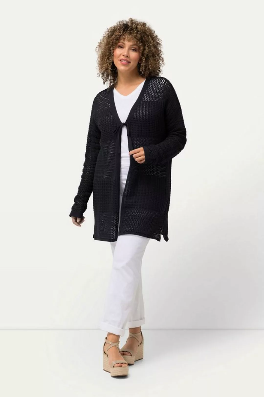 Ulla Popken Strickjacke Strickjacke Lochstrick Oversized V-Ausschnitt günstig online kaufen