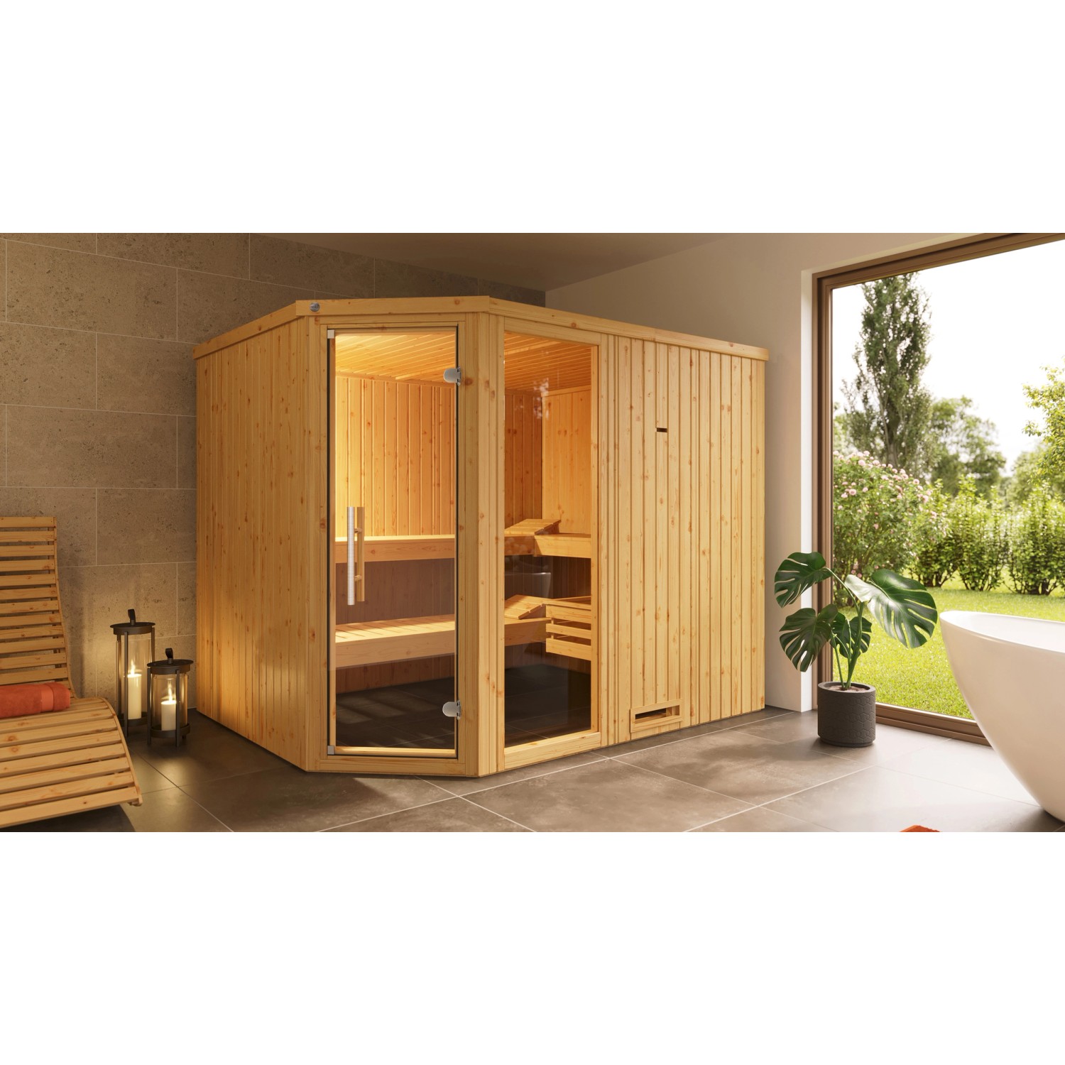 Weka Element-Ecksauna Varberg 4 Sparset 9 kW Kompakt Glastür/Fenster günstig online kaufen