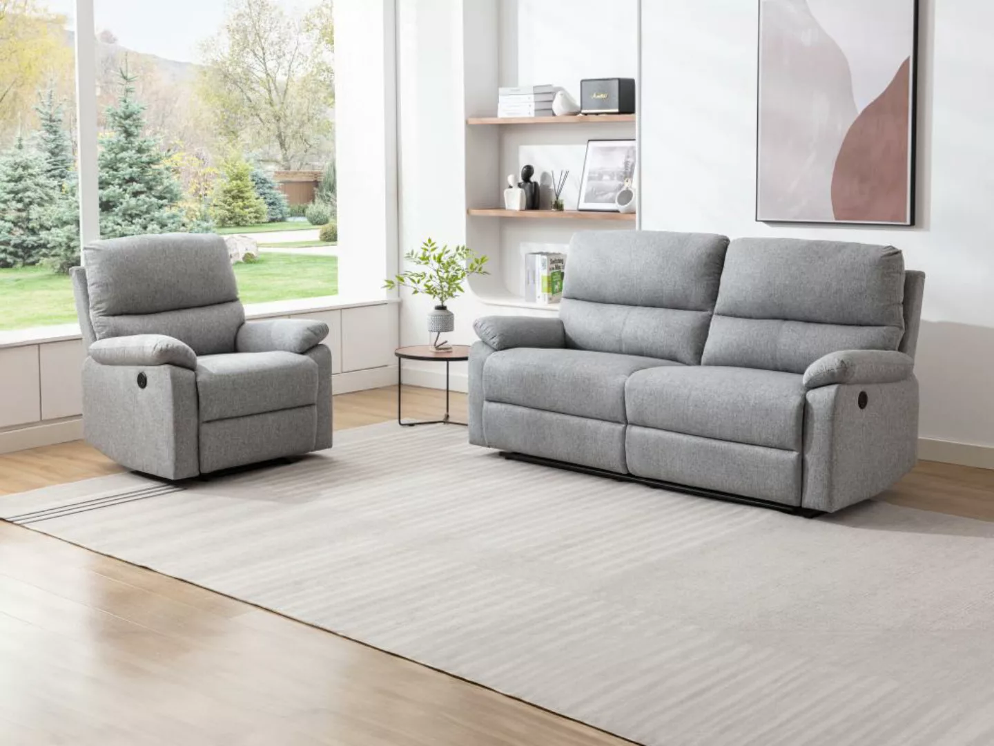 Relaxsofa 3-Sitzer & Relaxsessel elektrisch - Stoff - hellgrau - LUNANO günstig online kaufen