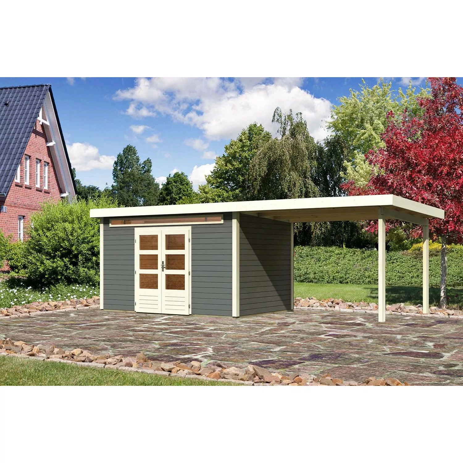 Karibu Holz-Gartenhaus/Gerätehaus Kumla 7 Terragrau Pultdach Lackiert 360 c günstig online kaufen