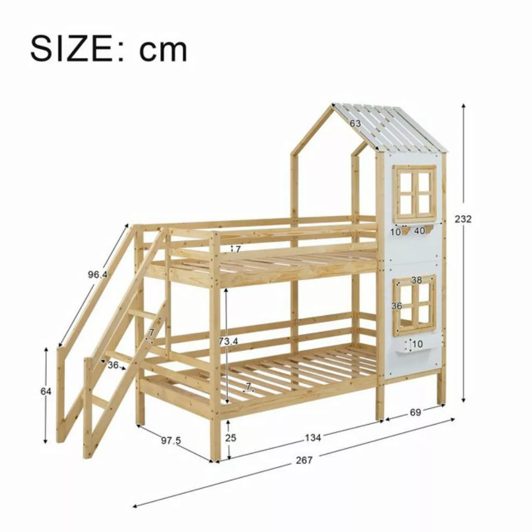 EXTSUD Kinderbett Etagenbett mit Handlauf und Fenster, Hausbett (Kinderbett günstig online kaufen
