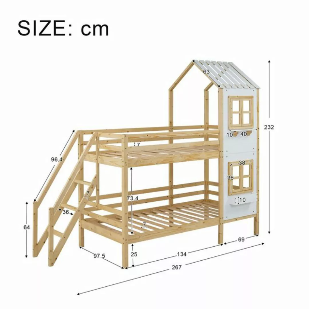 Flieks Etagenbett, Hausbett mit Fallschutz Leiter Kinderbett Kiefer 90x200c günstig online kaufen